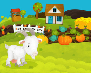 Obraz na płótnie Canvas cartoon happy and funny farm scene with happy goat - illustration for children