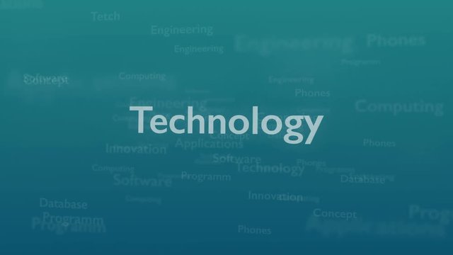 Light blue background with different words, which deal with technology. Close up. Copy space. 3D. Animatiom. 4K.