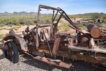Arizona's Goldfield mining town: vintage rusted-out cars and trucks