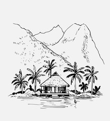 Tropical landscape with palm trees and bungalow. Hand drawn outline converted to vector