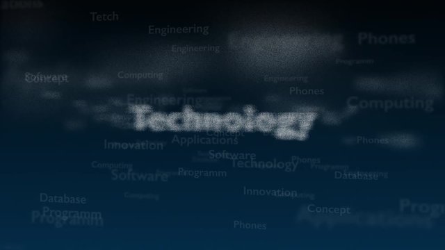Deep blue background with different words, which deal with technology. Close up. Copy space. 3D. Animatiom. 4K.