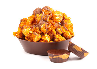 Chocolate Peanut Butter Flavored Popcorn on a White Background