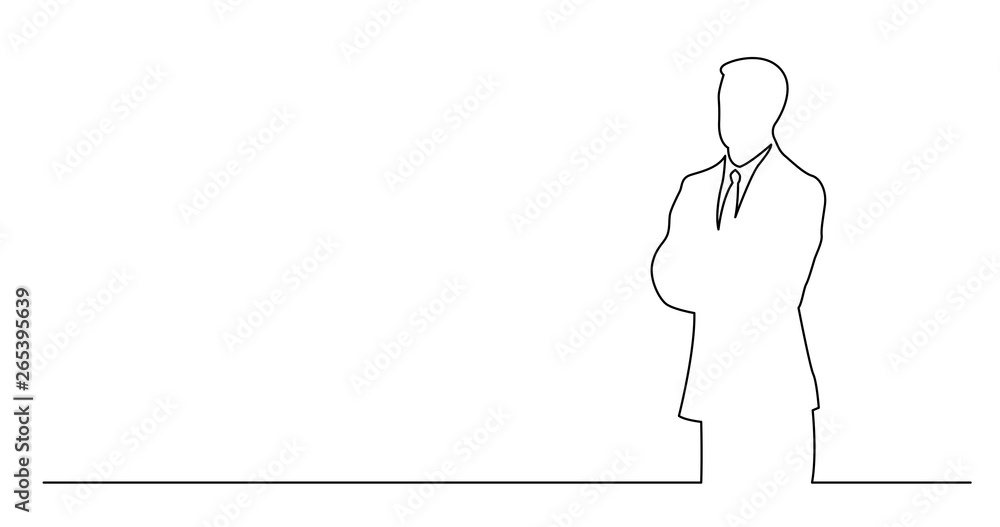 Poster continuous line drawing of standing businessman with copy space