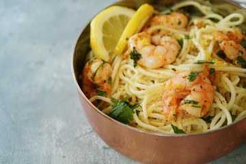 Homecooked Shrimp Scampi with Spaghetti pasta and lemon