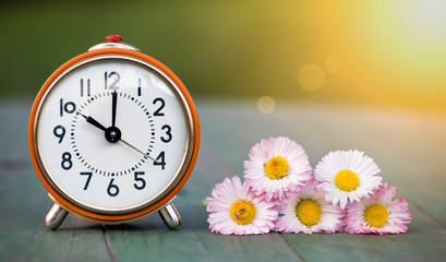 Summer, summertime concept - web banner of alarm clock and daisy flowers