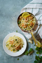 Homecooked Shrimp Scampi with Spaghetti pasta and lemon