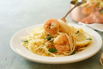 Homecooked Shrimp Scampi with Spaghetti pasta and lemon