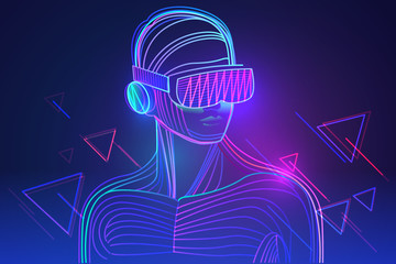 Amazed man wearing virtual reality headset. Abstract vr world with neon lines. Vector illustration