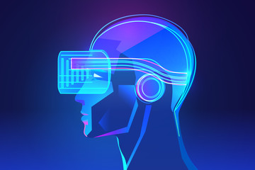 Side view of human head with virtual reality headset. Abstract vr world with neon lines. Vector illustration
