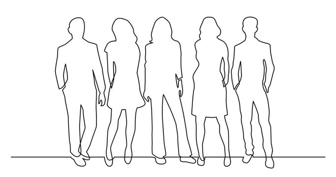 Self drawing line animation of diverse group of standing people