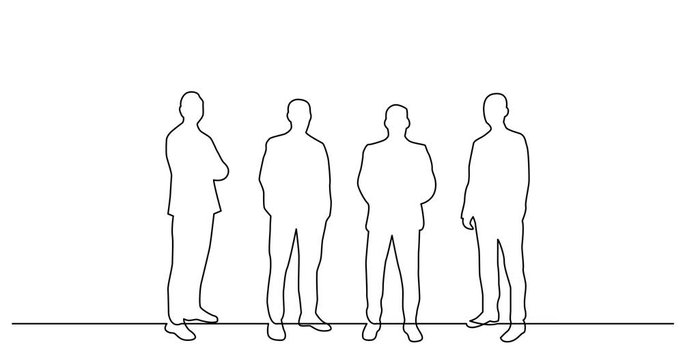 Self drawing line animation of group of four men standing together