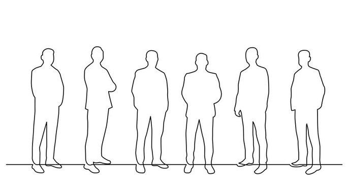 Self drawing line animation of diverse group of standing men