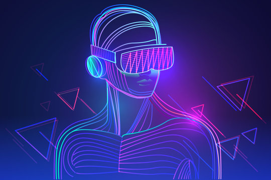 Amazed man wearing virtual reality headset. Abstract vr world with neon lines. Vector illustration