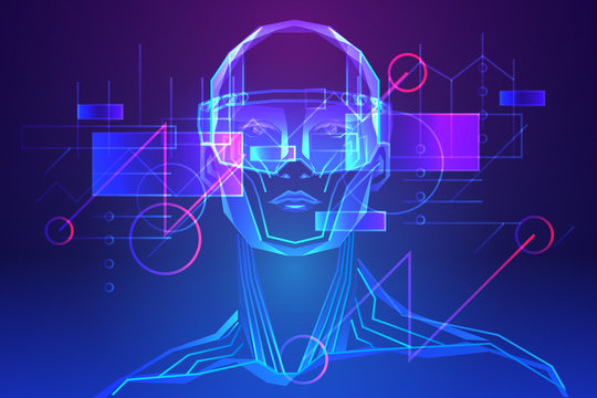 Man wearing augmented reality glasses. Abstract holography with data and graph. Vector illustration