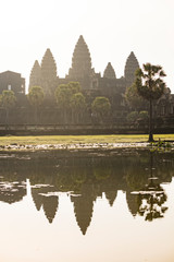 Angkor Wat temple reflected in a pond during an overcast sunrise.