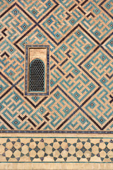 Detail of window and geometric patterns on Khoja Ahmed Yasawi Mausoleum in Turkistan Kazakhstan