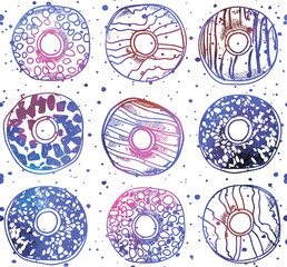 Fototapeta premium Seamless pattern with donuts. Stylish background with sweets. Drawing by hand. Bright, colorful background food.