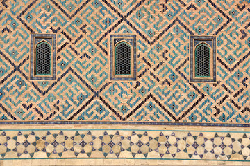 Detail of windows and geometric patterns on Khoja Ahmed Yasawi Mausoleum in Turkistan Kazakhstan