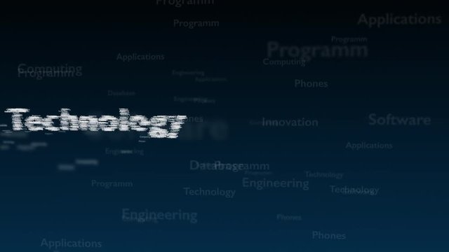 Deep blue background with different words, which deal with technology. Close up. Copy space. 3D. Animatiom. 4K.