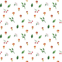 Seamless pattern with mushrooms, berries and leaves. Hand drawn watercolor illustration. Texture for print, fabric, textile, wallpaper.