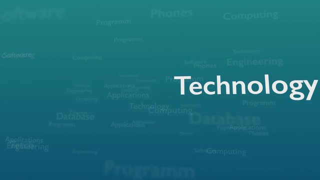 Light blue background with different words, which deal with technology. Close up. Copy space. 3D. Animatiom. 4K.