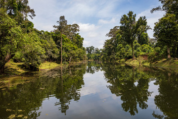 Beautiful reflections in the moat around Preah Khan temple in Siem Reap, Cambodia
