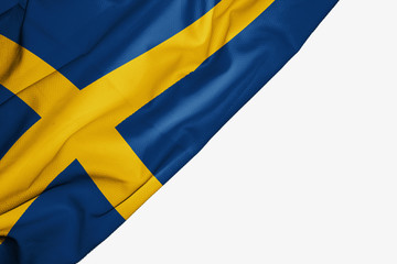 Sweden flag of fabric with copyspace for your text on white background.