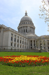 Wisconsin State Capitol building spring view with flower bed with bright tulips on a foreground. City of Madison, the capital of Wisconsin, Midwest USA. Vertical composition.