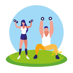 athletic man and woman weight lifting in the camp