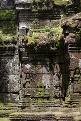 Sculpture and bas relief detail at Preah Khan temple in Siem Reap, Cambodia