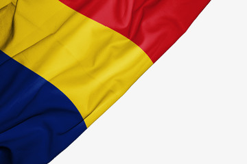 Romania flag of fabric with copyspace for your text on white background.