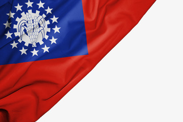 Myanmar or Burma flag of fabric with copyspace for your text on white background.