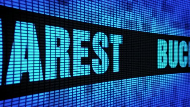 BUCHAREST Side Text Scrolling on Light Blue Digital LED Display Board Pixel Light Screen Looped Animation 4K Background. Sign Board , Blinking Light, Pixel Monitor . LED Wall Pannel
