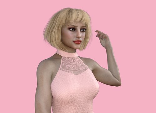 3d rendering of young beautiful  woman showing off in pink