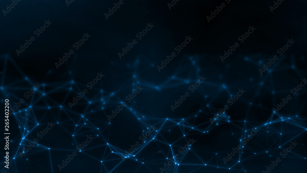 Poster 3D Rendering of Abstract polygonal space low poly network nodes with connected dots and lines on dark blur blue tone background. Concept for digital technology, telecom, big data, ai, block chain