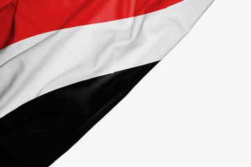 Yemen flag of fabric with copyspace for your text on white background.