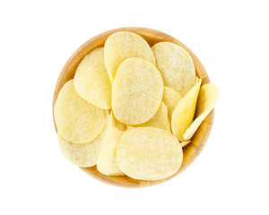 top view of potato chips in a bowl isolated on white background, with clipping path.