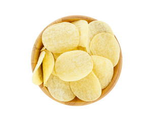 top view of potato chips in a bowl isolated on white background, with clipping path.