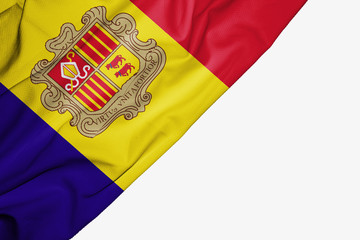 Andorra flag of fabric with copyspace for your text on white background.