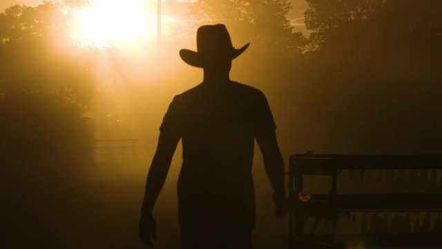 A hand held wide shot of a person wearing a cowboy hat and walking towards the camera at dusk as the sunsets majestically in the background.