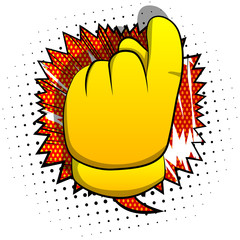 Vector cartoon hand showing invitation sign. Illustrated hand sign on comic book background.