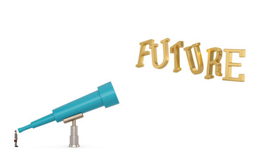 Big telescope and businessman watch future. 3D illustration.