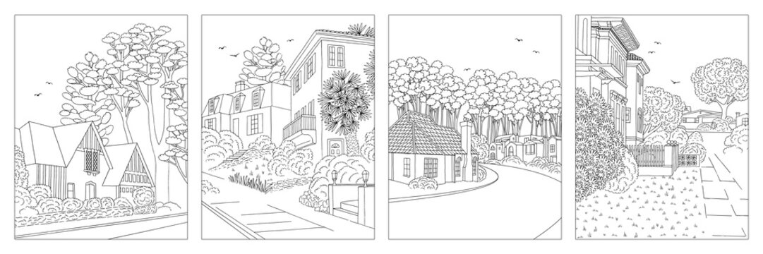 Set of four hand drawn black and white illustrations of middle class suburban neighbourhoods with houses, yard, pavement and trees