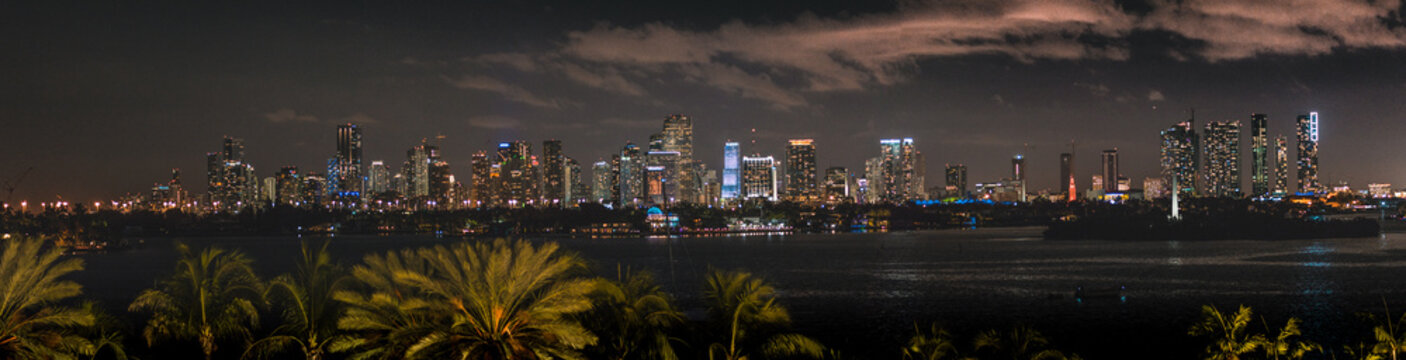 Panorama Of Miami Skyline At Night