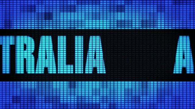 AUSTRALIA Front Text Scrolling on Light Blue Digital LED Display Board Pixel Light Screen Looped Animation 4K Background. Sign Board , Blinking Light, Pixel Monitor . LED Wall Pannel