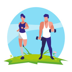 athletic man weight lifting and woman running in the camp