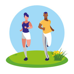 athletic afro man and woman running in the camp