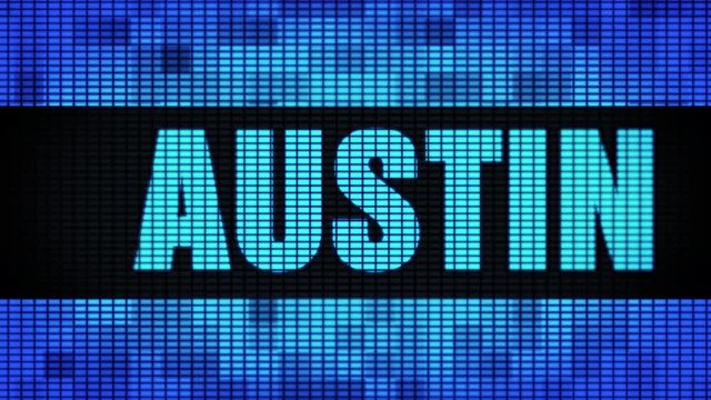AUSTIN Front Text Scrolling on Light Blue Digital LED Display Board Pixel Light Screen Looped Animation 4K Background. Sign Board , Blinking Light, Pixel Monitor . LED Wall Pannel