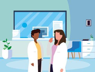 interracial couple medicine workers in clinic reception