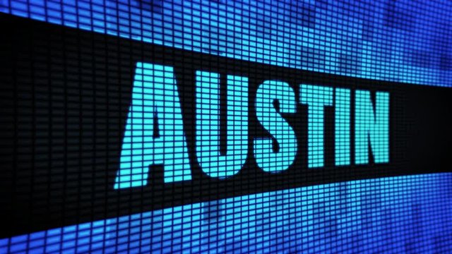 AUSTIN Side Text Scrolling on Light Blue Digital LED Display Board Pixel Light Screen Looped Animation 4K Background. Sign Board , Blinking Light, Pixel Monitor . LED Wall Pannel